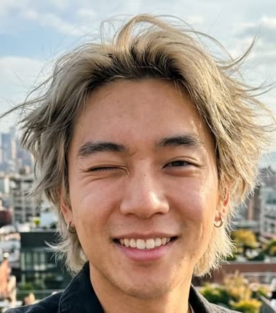 Photo A: a man with ash-blond hair in a denim jacket (AI-generated person)