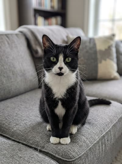 Photo A: a black-and-white tuxedo cat on a sofa (AI-generated cat)
