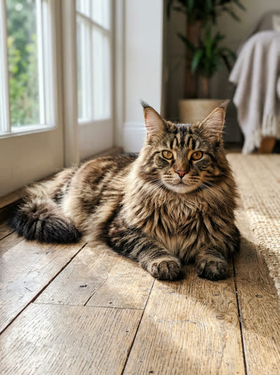 Photo B: a brown tabby Maine Coon on a wooden floor (AI-generated cat)